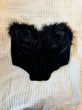 Black Velvet Feather Trim Bustier Corset Top